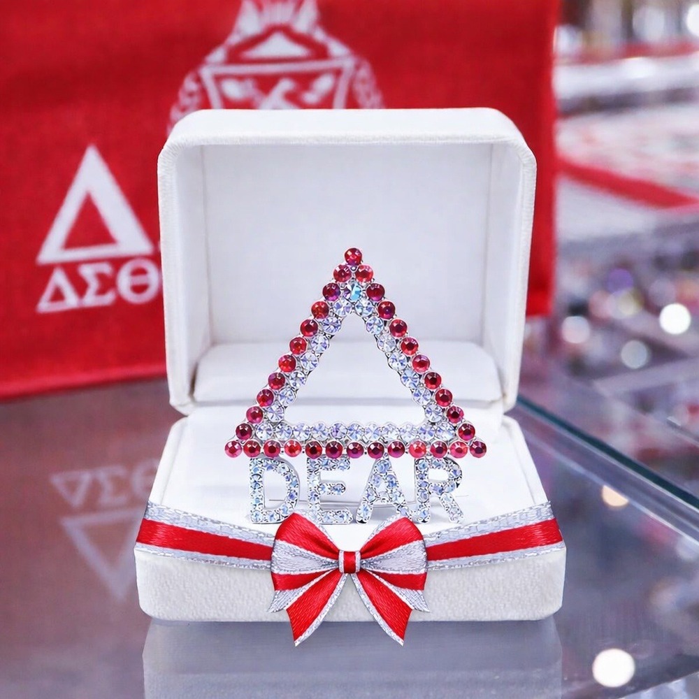 Delta Sigma Theta Brooch‎ Red Rhinestone Rectangle Featuring DEAR
